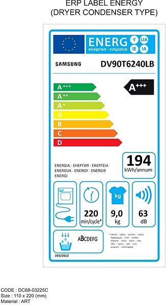 Szárítógép SAMSUNG DV90T6240LB/S7 Energia címke