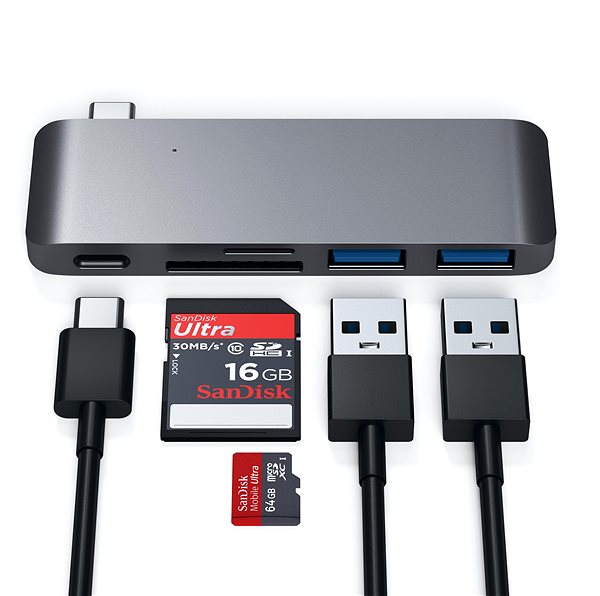 Port Replicator Satechi Aluminium Type-C Passthrough USB Hub (3x USB 3.0, MicroSD) - Space Grey Connectivity (ports)
