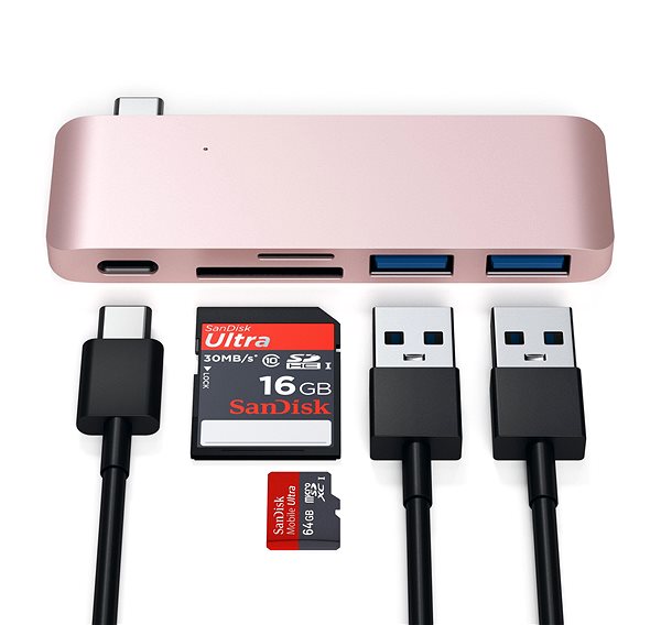 Port Replicator Satechi Aluminium Type-C Passthrough USB Hub (3x USB 3.0, MicroSD) - Rose Gold Connectivity (ports)