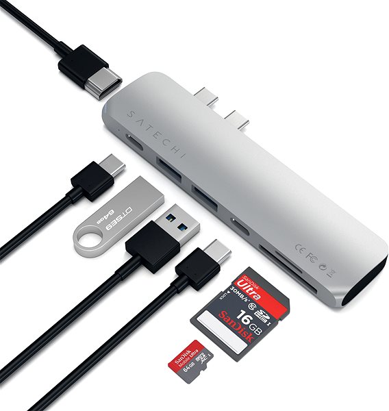 Port Replicator Satechi Aluminium Type-C PRO Hub (HDMI 4K, PassThroughCharging, 2x USB3.0,2xSD, ThunderBolt 3) - Sil Connectivity (ports)