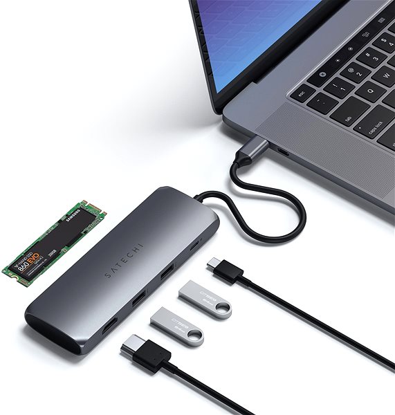 Port-Replikator Satechi Aluminium USB-C Hybrid Multiport Adapter (SSD Enclosure, HDMI 4K, 2 x USB-A 3.1 Gen 2 bis zu 5 Gbit/s) Anschlussmöglichkeiten (Ports)