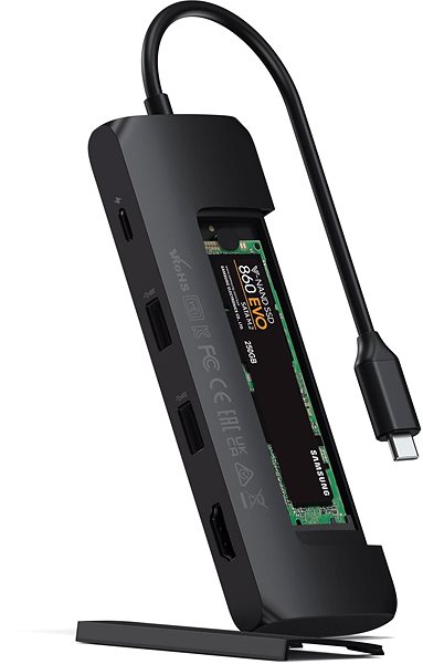 Port-Replikator Satechi Aluminium USB-C Hybrid Multiport Adapter (SSD Enclosure, HDMI 4K, 2 x USB-A 3.1 Gen 2 bis zu 5 Gbit/s) Seitlicher Anblick