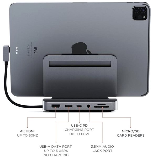 Port-Replikator Satechi Aluminium Stand & Hub für iPad Pro (USB-C PD bis zu 60 Watt, 4K HDMI (60 Hz), USB-A, SD-Karte, Audio 3.5 ...