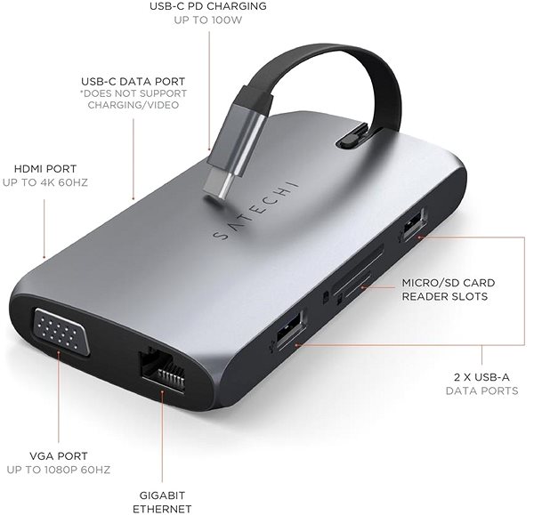 Replikátor portov Satechi USB-C On the go Multiport adaptér (1× USB-C PD charging, 1× G.Ethernet, 1× 4K HDMI, 1× VGA) ...