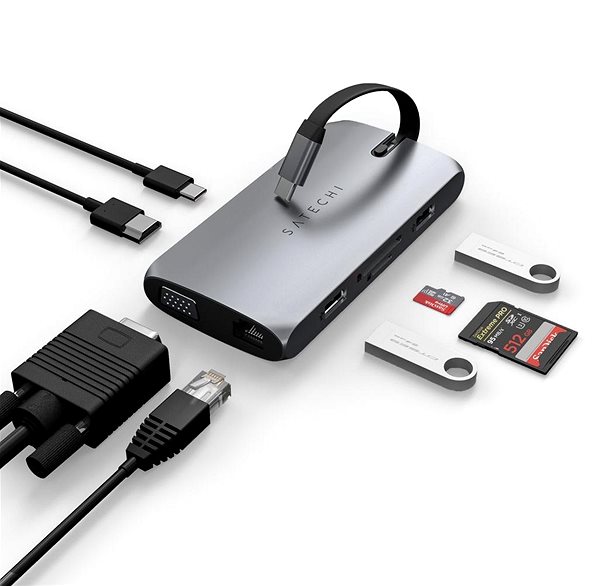 Port-Replikator Satechi USB-C On the go Multiport Adapter (1 x USB-C PD Charging, 1 x G.Ethernet, 1 x 4K HDMI, 1 x VGA, 1 x U ...