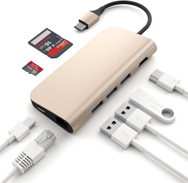 Port-Replikator Satechi Aluminium Typ-C Multi-Port Adapter (HDMI 4K, 3 x USB 3.0, MicroSD, Ethernet) - Gold ...