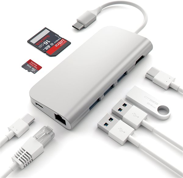 Replikátor portov Satechi Aluminium Type-C Multi-Port Adaptér (HDMI 4K, 3× USB 3.0, MicroSD, Ethernet) – Silver ...