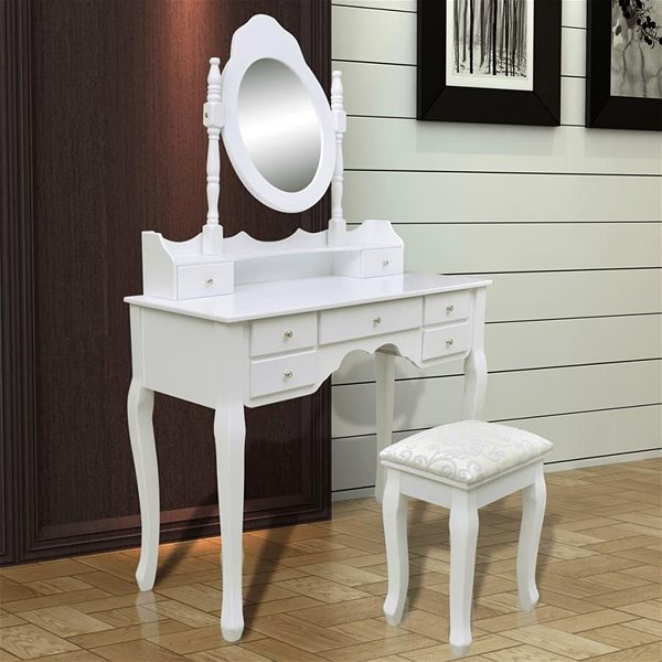 Toaletný stolík Toaletný stolík so zrkadlom, stoličkou a 7 zásuvkami biely ...