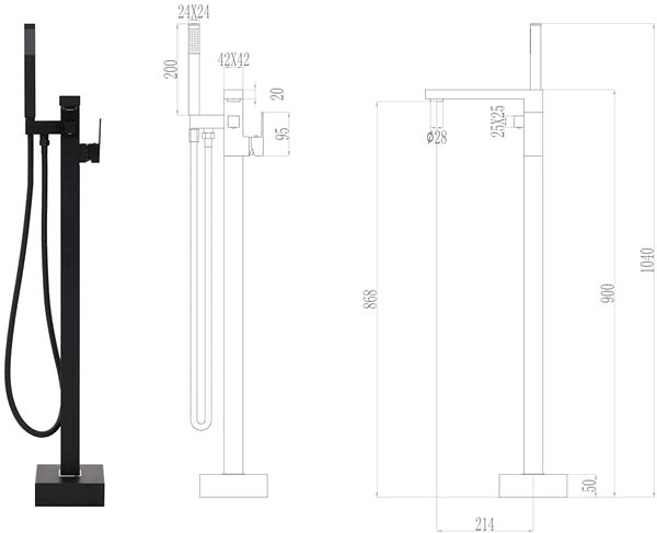 Vodovodná batéria Voľne stojaca vaňová batéria, čierna nerezová oceľ, 90 cm Technický nákres