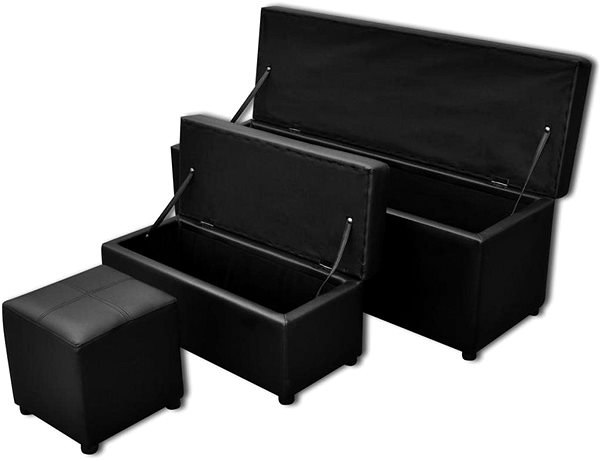 Lavica Čierne koženkové úložné lavice s taburetom, súprava 3 ks ...