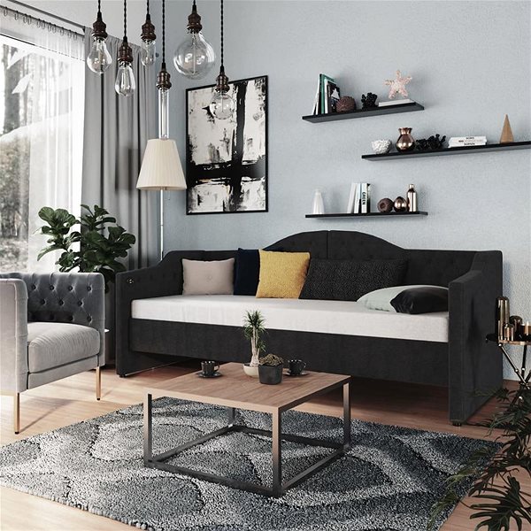 Posteľ Váľanda s matracom a USB čierna textil 90 × 200 cm, 3080304 ...