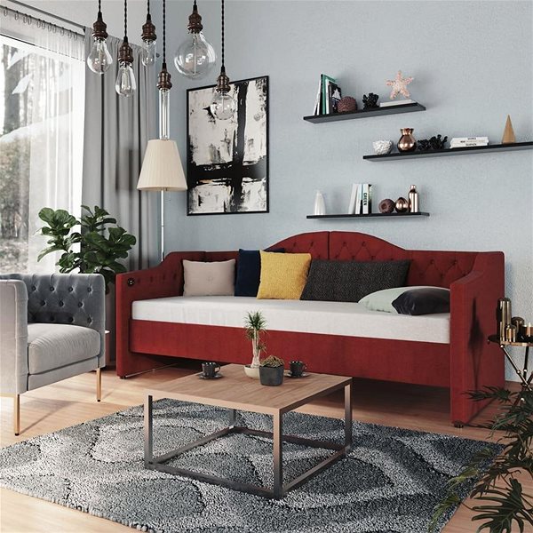 Posteľ Váľanda s USB vínová, textil 90 × 200 cm, 337186 ...