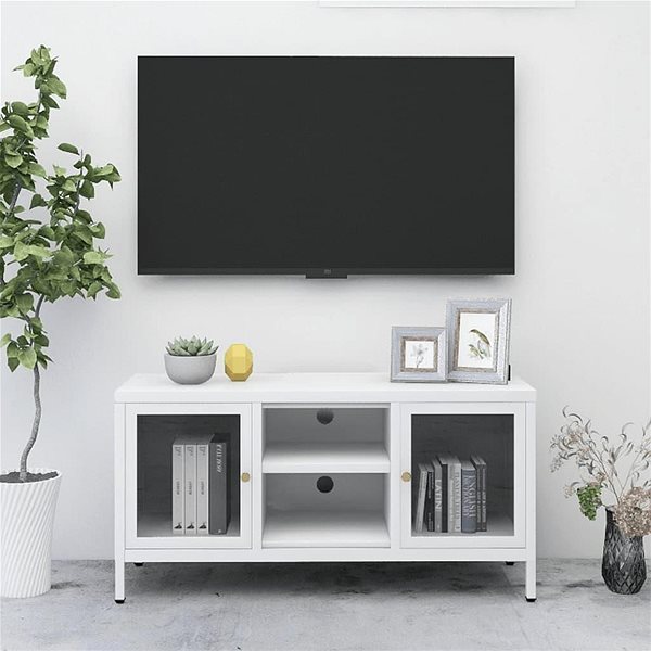 TV stolík SHUMEE biely 105 × 35 × 52 cm oceľ a sklo ...