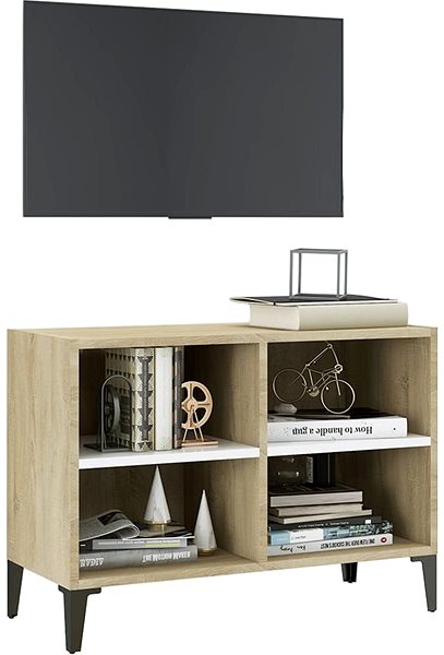 TV stolík SHUMEE s kovovými nohami biely a dub sonoma, 69,5 × 30 × 50 cm ...