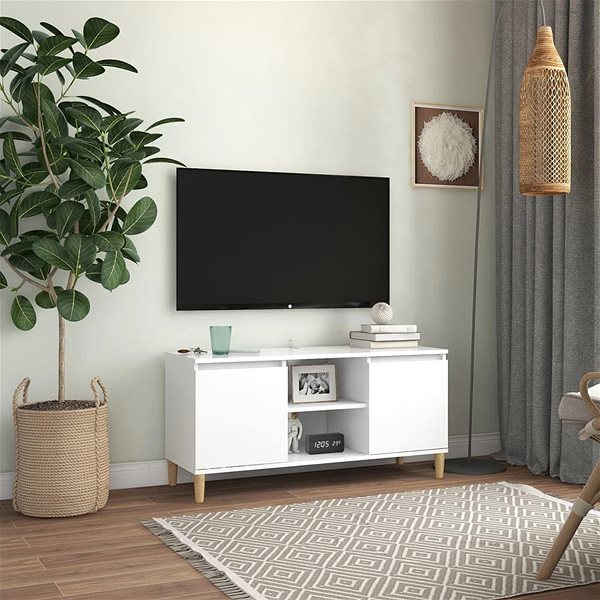 TV stolík SHUMEE s masívnymi drevenými nohami biely 103,5 × 35 × 50 cm ...