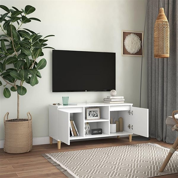 TV stolík SHUMEE s masívnymi drevenými nohami biely 103,5 × 35 × 50 cm ...