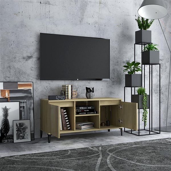 TV stolík SHUMEE s kovovými nohami, dub sonoma, 103,5 × 35 × 50 cm ...