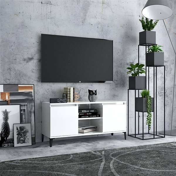 TV stolík SHUMEE s kovovými nohami biely vysoký lesk 103,5 × 35 × 50 cm ...