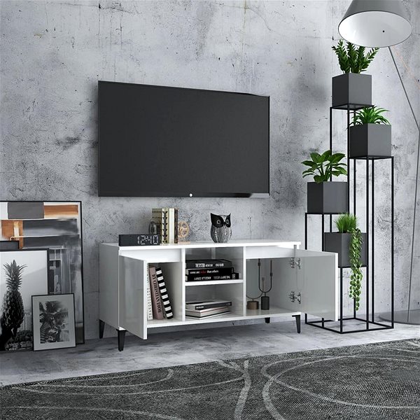 TV stolík SHUMEE s kovovými nohami biely vysoký lesk 103,5 × 35 × 50 cm ...