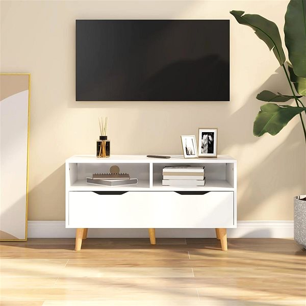 TV stolík SHUMEE biely s vysokým leskom 90 × 40 × 48,5 cm ...