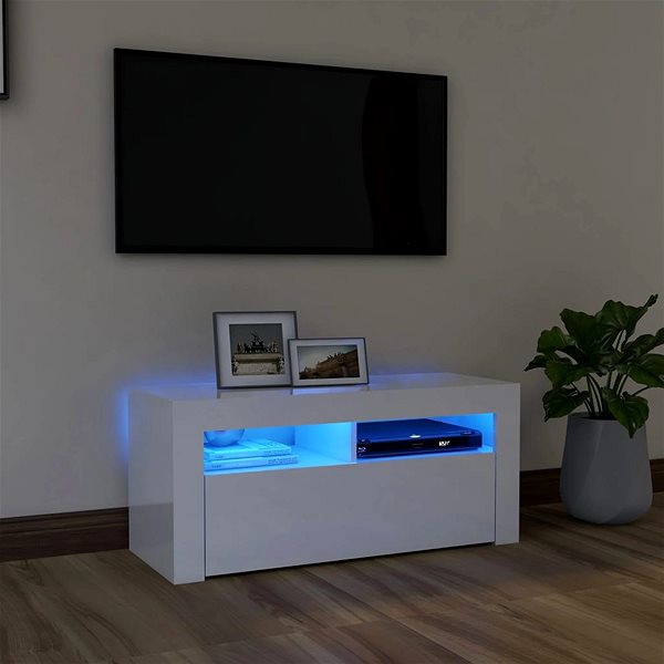 TV stolík SHUMEE s osvetlením LED biely s vysokým leskom 90 × 35 × 40 cm ...