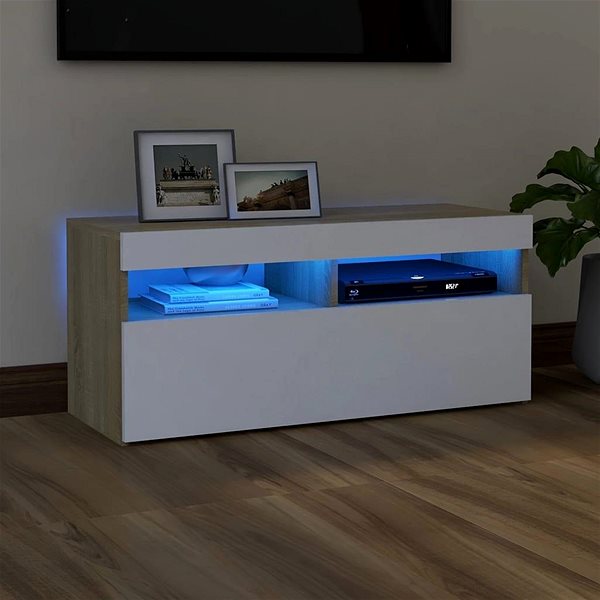 TV stolík SHUMEE s osvetlením LED biely a dub sonoma 90 × 35 × 40 cm ...