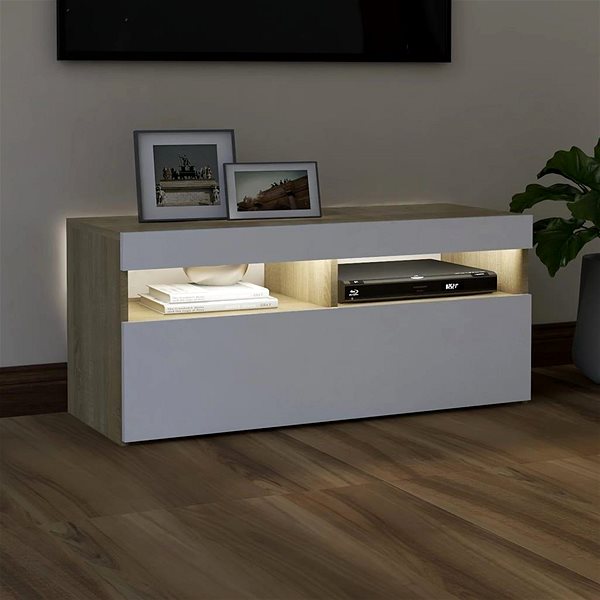 TV stolík SHUMEE s osvetlením LED biely a dub sonoma 90 × 35 × 40 cm ...