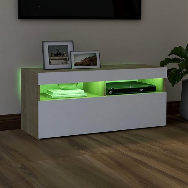 TV stolík SHUMEE s osvetlením LED biely a dub sonoma 90 × 35 × 40 cm ...