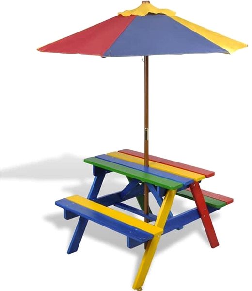Záhradný stôl Detský piknikový stôl, lavičky a slnečník viacfarebný drevo ...