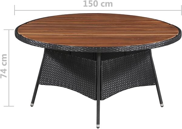 Záhradný stôl SHUMEE Stôl záhradný, akácia/umelý ratan 150 cm Technický nákres