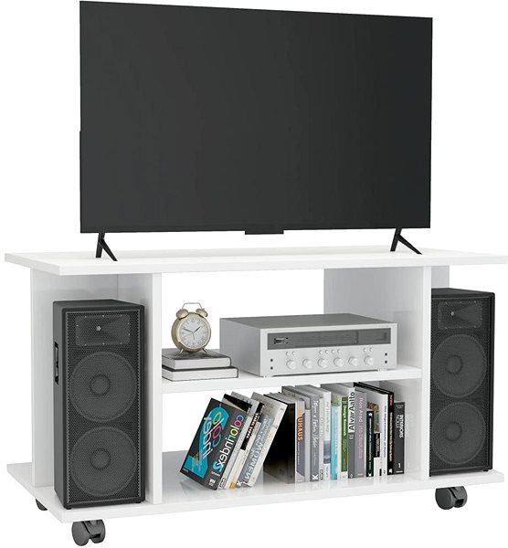 TV stolík TV stolík s kolieskami, biely, vysoký lesk, 80 x 40 x 40 cm, drevotrieska ...