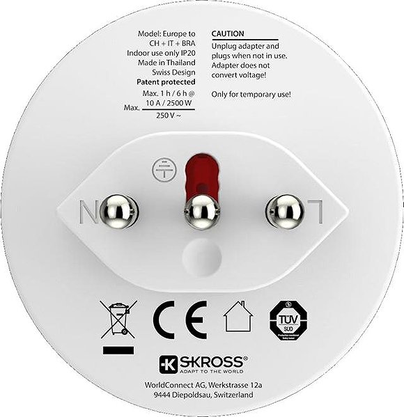 Reiseadapter SKROSS für den Einsatz in Brasilien, Italien und der Schweiz, Typ J/N/L ...