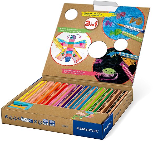 Coloured Pencils STAEDTLER Noris junior jumbo 3 in 1 - 12 colours with sharpener ...