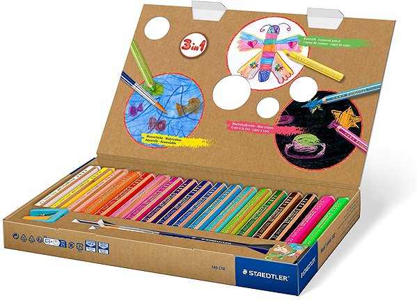 Coloured Pencils STAEDTLER Noris junior jumbo 3 in 1 - 18 colours with brush and sharpener ...
