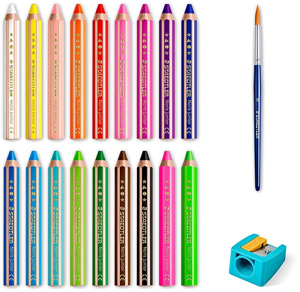 Coloured Pencils STAEDTLER Noris junior jumbo 3 in 1 - 18 colours with brush and sharpener ...