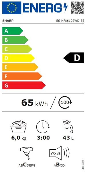 Keskeny mosógép SHARP ES-NFA6102WD-EE Energia címke