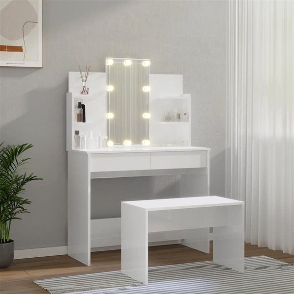 Toaletný stolík Shumee Toaletný stolík sada s LED biely vysoký lesk kompozitné drevo ...