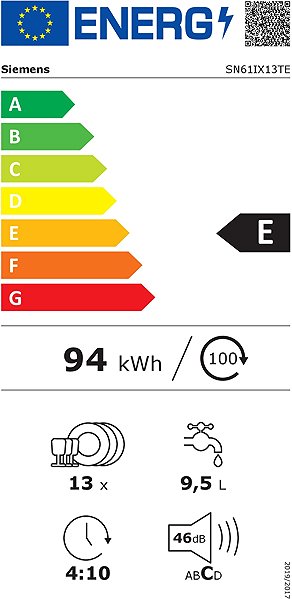 Dishwasher SIEMENS SN61IX13TE iQ100 Energy label