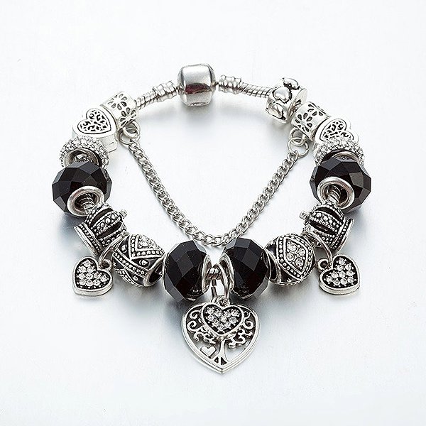 Silver Star Greenstone Ladies' Heart Bracelet, Black 20cm.