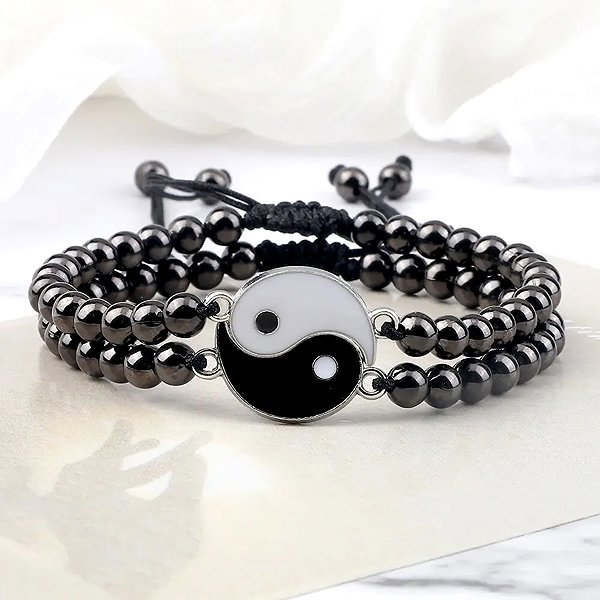 Silver Star Windstone Women's Bracelet, Black, Set of 2, Yin Yang, 20 cm.