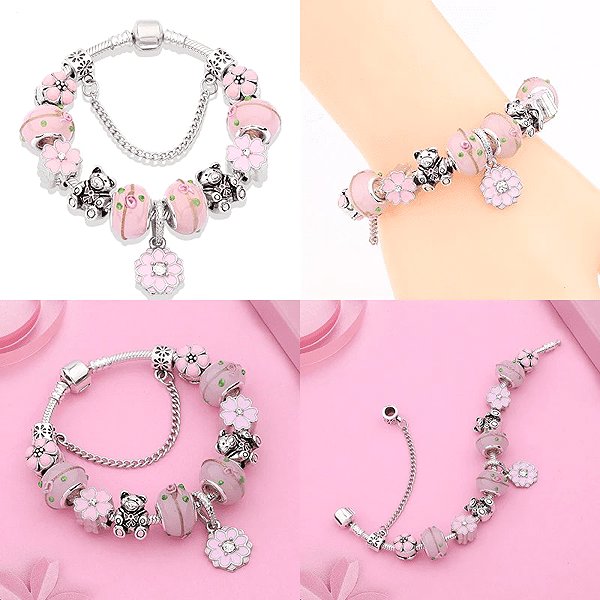 Silver Star Equinox Women's Bracelet, Pink, Teddy Bear, 20cm.