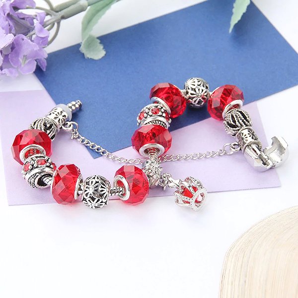 Silver Star Raindrop Women's Bracelet, Red, Crown, 20cm.