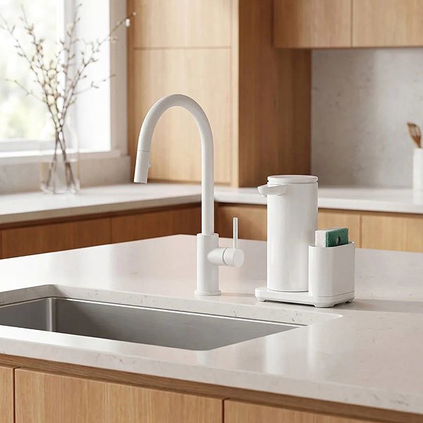 Seifenspender Simplehuman berührungsloser, wiederaufladbarer Spender 266 ml + Schwammhalter, weißer Stahl ...