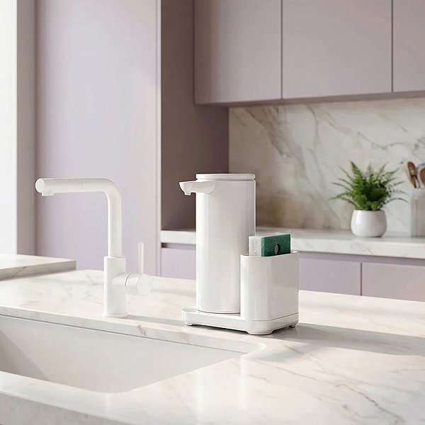 Seifenspender Simplehuman berührungsloser, wiederaufladbarer Spender 266 ml + Schwammhalter, weißer Stahl ...