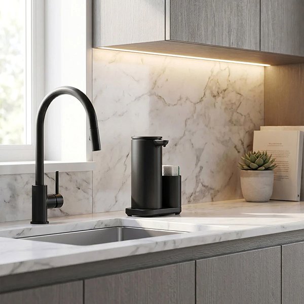 Seifenspender Simplehuman berührungsloser wiederaufladbarer Spender 266 ml + Schwammhalter, schwarzer Stahl ...