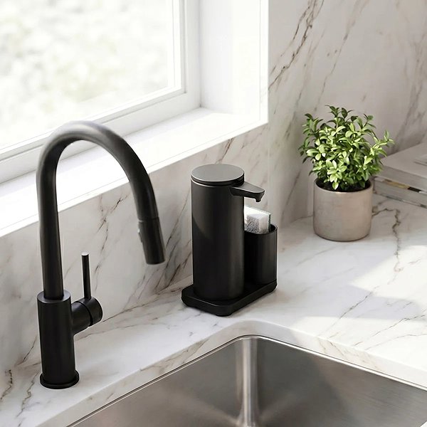 Seifenspender Simplehuman berührungsloser wiederaufladbarer Spender 266 ml + Schwammhalter, schwarzer Stahl ...