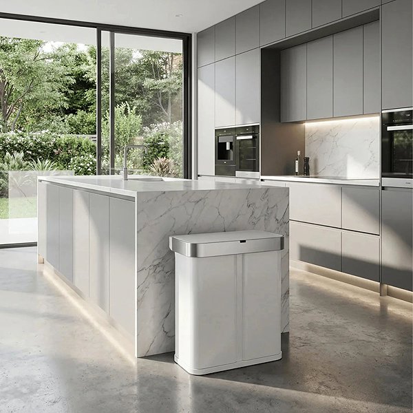 Mülleimer mit Sensor Simplehuman Dual Sensor berührungsloser Mülleimer (34/24) mit Sprachsteuerung 58 l, weiß ...