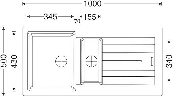 Granitový drez Sinks PERFECTO 1000.1 Metalblack Technický nákres