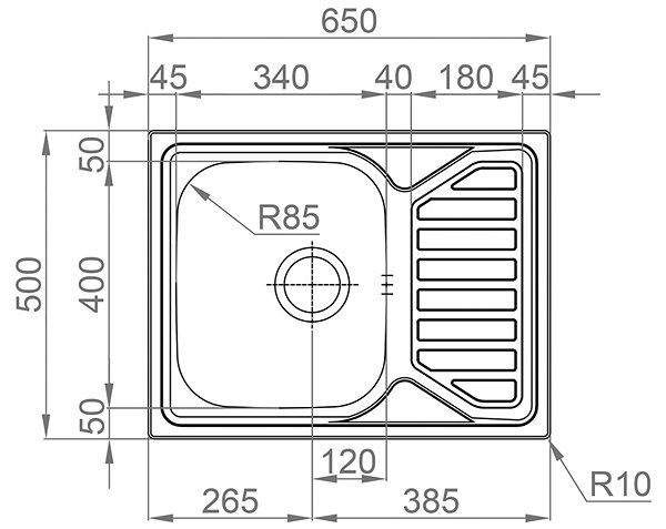 Nerezový drez Sinks OKIO 650 V 0,6 mm leštený Technický nákres