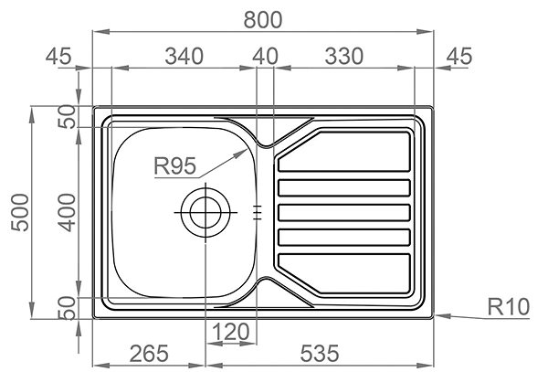 Nerezový drez Sinks Okio 800 V 0,6 mm textúrovaný Technický nákres